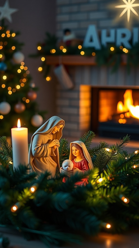 A nativity scene with Mary, Joseph, and baby Jesus surrounded by candles and evergreen decorations, creating a spiritual Christmas atmosphere.